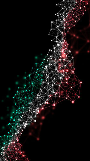 Vertical neon network mesh with glowing teal, white, and red nodes connected by thin lines on a black background.