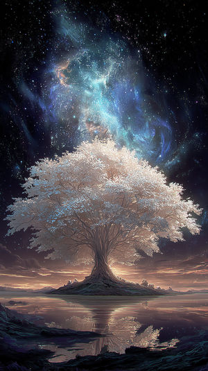 Glowing white tree on a small island reflected in calm water beneath a vibrant blue-purple galaxy sky.
