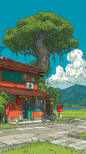 Anime-style scene of a small Japanese shop by rice fields with a huge tree, bicycle, red mailbox and two cats.