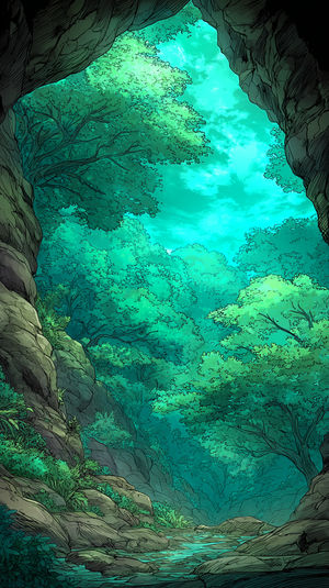 View from inside a rocky cave out to a dense emerald forest, turquoise sky and a calm stream in stylized line-art.
