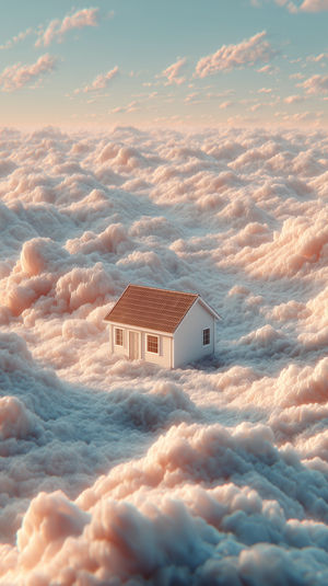 A small white house floating above fluffy pink and blue clouds under a glowing sunrise sky in 4K digital art.