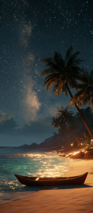 Wooden boat rests on a tropical beach at night, palm trees lit by lanterns, gentle waves under a star-filled sky.