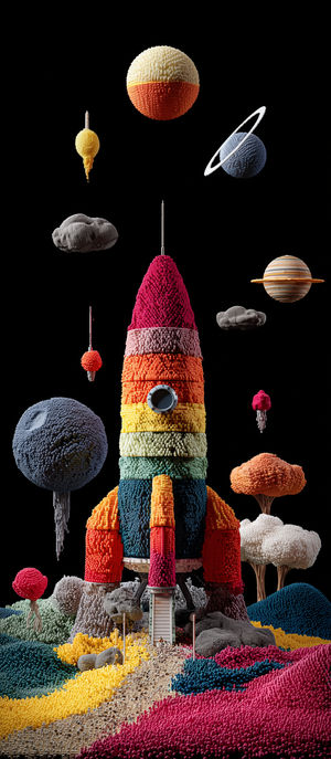 3D rendered rainbow-striped rocket on a colorful alien landscape with voxel-textured floating planets and clouds.