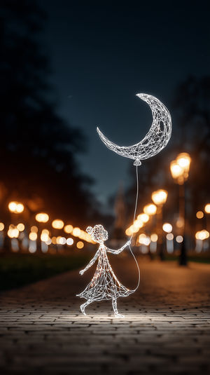 Glowing wireframe girl holds a crescent moon balloon on a cobblestone path beneath warm bokeh streetlights at night.