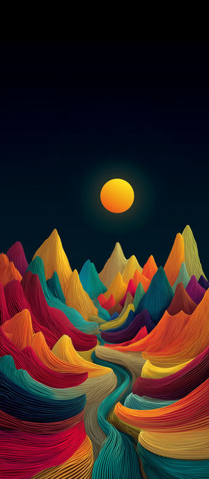 Vibrant abstract mountains of layered ribbon textures with a glowing yellow sun above a deep navy sky.