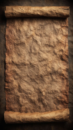 High-resolution vertical image of an aged parchment scroll with deep brown crinkled texture and rolled edges for rustic backgrounds.