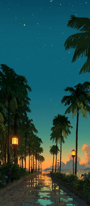 Illustrated twilight promenade lined with palm trees and glowing lampposts, reflecting sunset sky over calm coastal water.