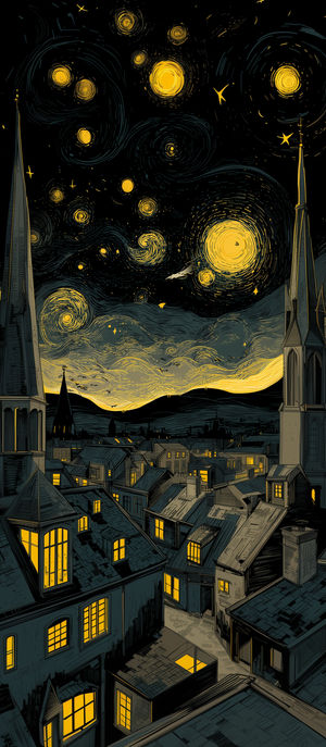 Nighttime illustration of rooftops and church spires beneath a swirling starry sky with glowing golden stars.