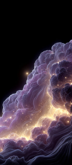 An abstract digital cloudscape of purple and gold swirling lines and glowing particles against a dark background.
