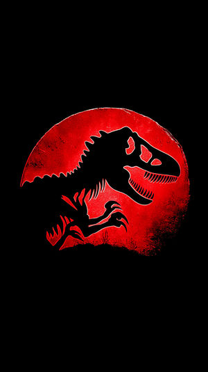 Bold red T-Rex dinosaur silhouette against a pitch-black background, creating a striking prehistoric graphic design.