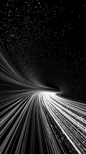 Monochrome space tunnel with streaking white light trails and tiny stars curving toward a distant vanishing point.