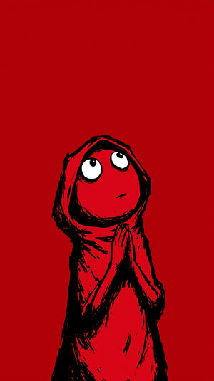 Minimalist red and black illustration of a hooded figure clasping hands in prayer and gazing upward.