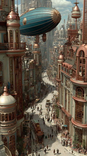 Crowded steampunk street in a fictional city with a massive airship hovering above ornate Victorian-style buildings.