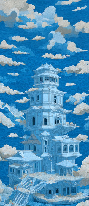 Intricate blue pagoda rising above swirling stylized clouds in a vivid azure sky, dreamlike illustration wallpaper.