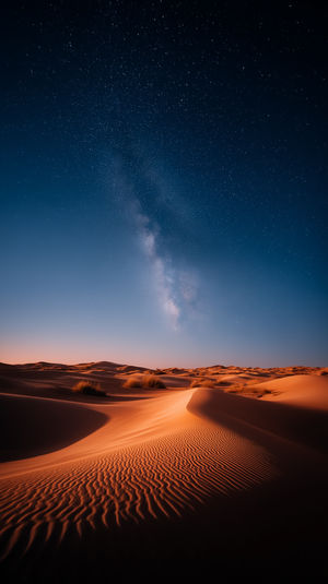 Star-filled Milky Way rising above rippled golden sand dunes with scattered desert shrubs under a deep blue night sky