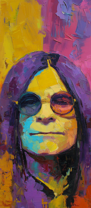 Close-up of a colorful abstract portrait featuring layered oil paint textures in bright purple, yellow, blue, and pink tones.