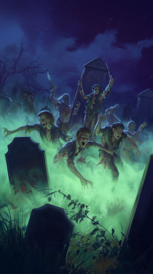 Illustration of zombies emerging from a foggy graveyard with glowing green mist and tombstones at night.