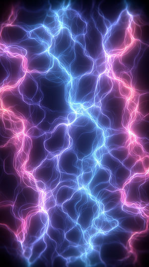 Abstract neon lightning energy lines weaving in vibrant pink and blue over a dark background, forming a dynamic electric pattern.