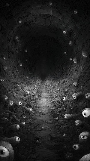 Monochrome illustration of a dark tunnel lined with countless protruding eyeballs staring from every wall crack.