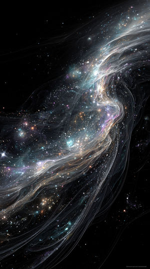 Close-up cosmic view of a luminous nebula with flowing filaments, scattered stars, pastel glows and deep black space.