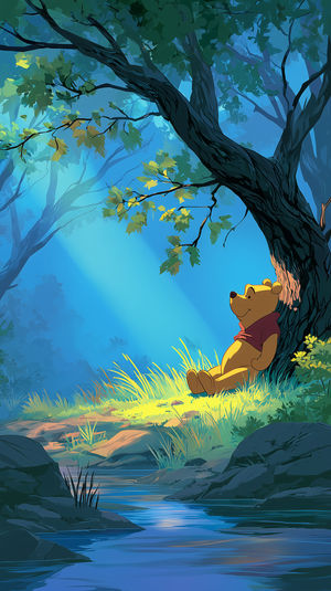 Animated scene of Winnie the Pooh leaning against a large tree in a sunlit forest clearing by a calm stream.