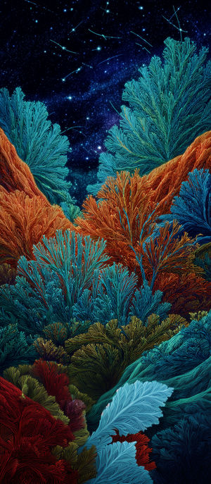 Brightly colored abstract coral-like foliage in blue, orange, and green under a star-filled cosmic night sky