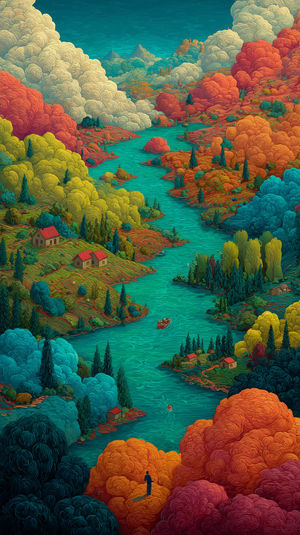 A person on orange foliage overlooking a winding teal river valley with swirling multicolored trees and red-roofed cottages.