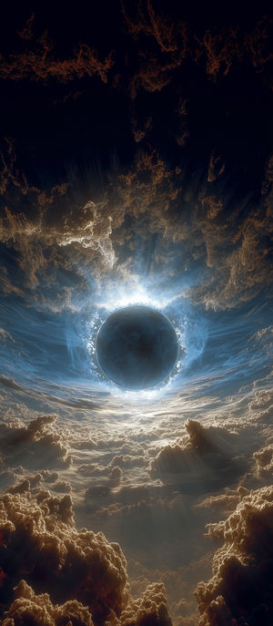 Dark planetary eclipse hovering above illuminated cloudscape, glowing with blue and golden light beams in a cosmic sky.