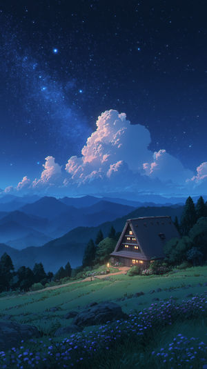 A warm A-frame cabin on a mountain hillside beneath a starry night sky, glowing clouds, and fields of wildflowers.