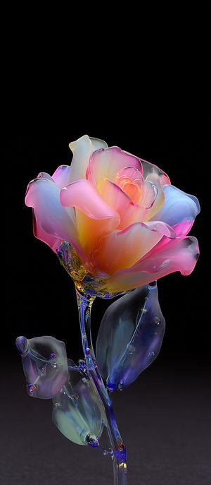 Close-up of a neon gradient glass rose with translucent petals and leaves against a dark black background