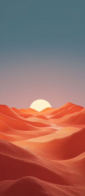A 4K minimalist landscape of orange-red desert dunes under a rising sun against a gradient sky.