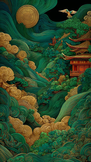 Intricate emerald and gold stylized landscape featuring a Zen temple pagoda nestled among swirling hills, clouds, and lush trees.