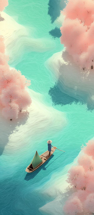A lone figure in a conical hat rows a small wooden boat along a turquoise river shaded by pink cherry blossom trees.