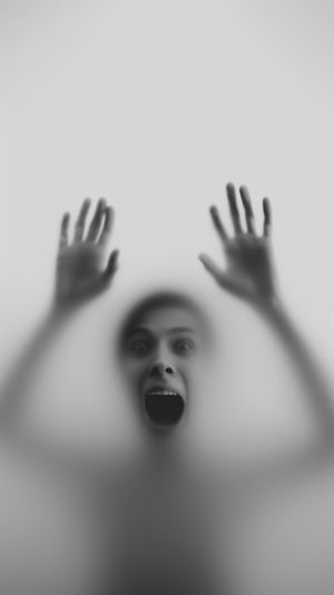 Blurred black and white silhouette of a screaming person pressing hands against frosted glass, evoking an eerie and haunting atmosphere.