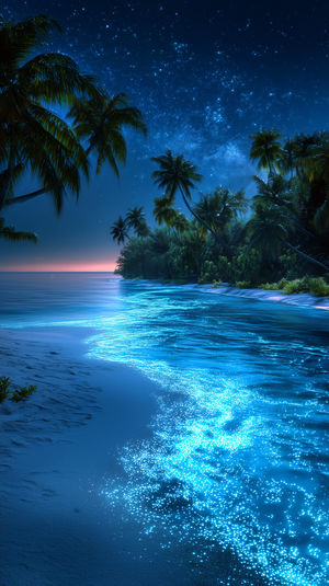Moonlit tropical beach with glowing blue bioluminescent surf, palm silhouettes, and a clear star-filled night sky.