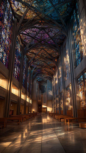 Grand cathedral interior with vaulted arches and stained glass windows casting warm sunlight onto stone floor.