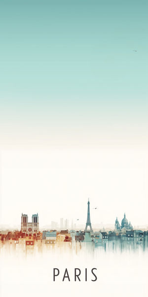 Illustration of Paris skyline at dawn with Eiffel Tower, Notre-Dame, Sacré-Cœur silhouettes against a teal-to-white gradient sky.