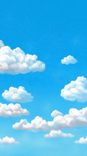Illustration of fluffy white clouds drifting across a bright blue sky, offering a tranquil, airy atmosphere.