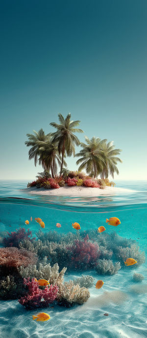Underwater view of vibrant coral reef with orange tropical fish and a small palm tree island above turquoise water