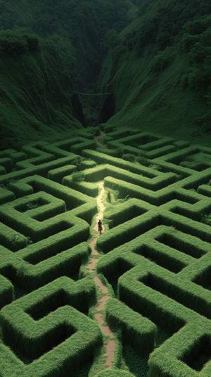 A lone explorer stands in a lush green hedge maze within a forest canyon, walking grass paths toward a wooden bridge.