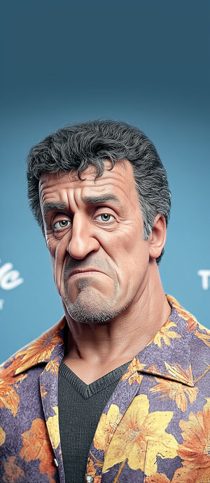 Close-up stylized portrait of a grizzled middle-aged man with deep wrinkles, salt-and-pepper hair and floral shirt.