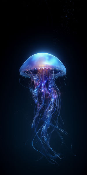 Dark underwater scene featuring a bioluminescent jellyfish glowing neon blue and purple with long flowing tentacles