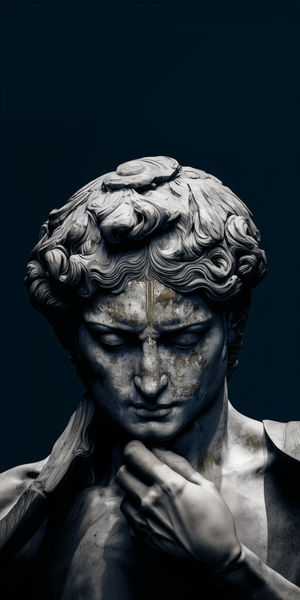 Close-up of a classical marble sculpture bust with intricate curls and weathered patina against a dark backdrop.