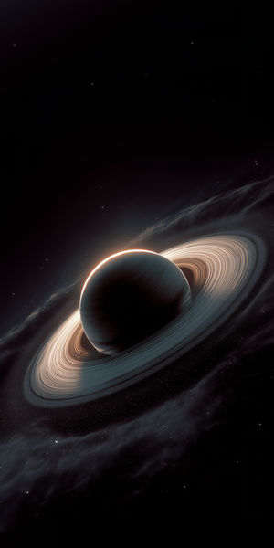A dark ringed planet bathed in soft stellar light surrounded by glowing rings, cosmic dust clouds, and distant stars.