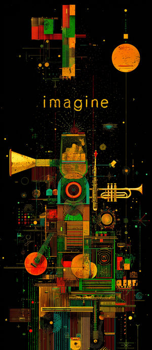 Futuristic abstract artwork featuring colorful musical instruments and geometric patterns on black background with 'imagine' text.