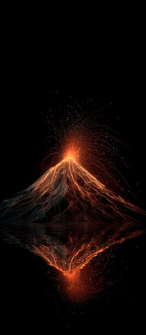 Volcanic mountain erupting with bright orange lava flows and sparks, reflected symmetrically in dark water