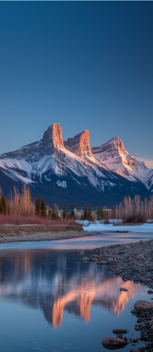 Three snow-capped mountain peaks glowing at sunset, reflected in a calm river bordered by rocky shores and bare trees.