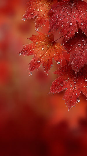 Close-up of red maple leaves covered in water droplets against a soft red bokeh background, fall texture