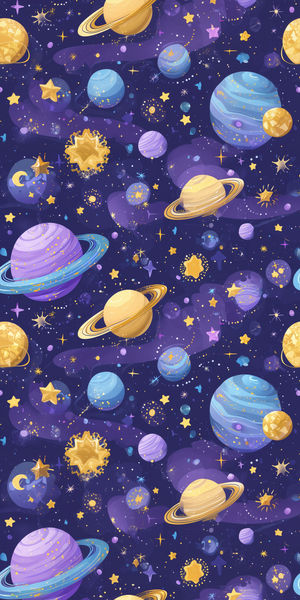 Seamless cosmic pattern with purple and blue planets, golden stars, nebulas and floating asteroids on dark background.