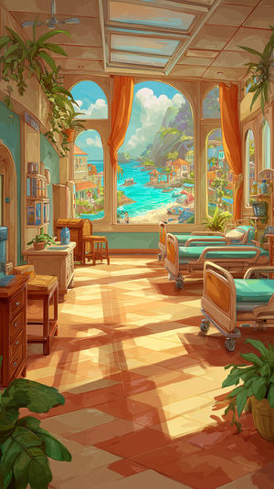 Sunlit hospital ward overlooking turquoise bay and seaside village through arched windows with plants.